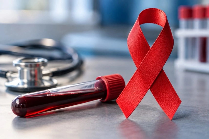 Blutprobe, Stethoskop und Uhr als medizinisches Motiv zum Thema Sepsis und frühzeitige Behandlung