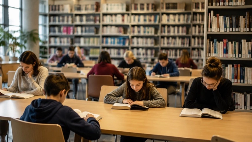 Kinder und Erwachsene lesen gemeinsam in einer Bibliothek zwischen Bücherregalen und Lesetischen.