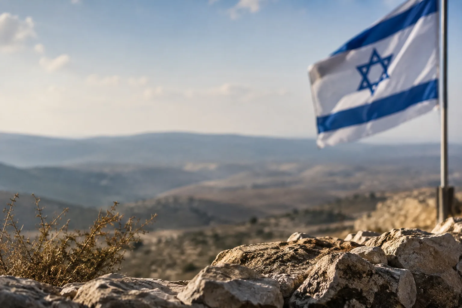 Israelische Flagge vor einer kargen Hügellandschaft mit Felsen und trockenem Buschwerk.
