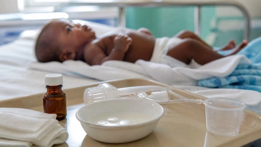 Neugeborenes in Klinikbett mit Medikamentenschale zur Behandlung von Malaria bei Babys