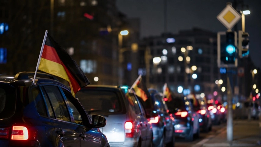 Mehrere Fahrzeuge mit kleinen Fußballflaggen an einer nächtlichen Ampel im Stadtverkehr während der WM-Zeit
