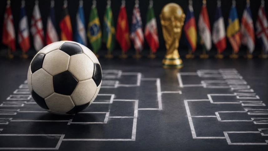 Fußball auf stilisiertem WM 2026 Turnierbaum mit verzweigten K.-o.-Runden und internationalen Nationalflaggen