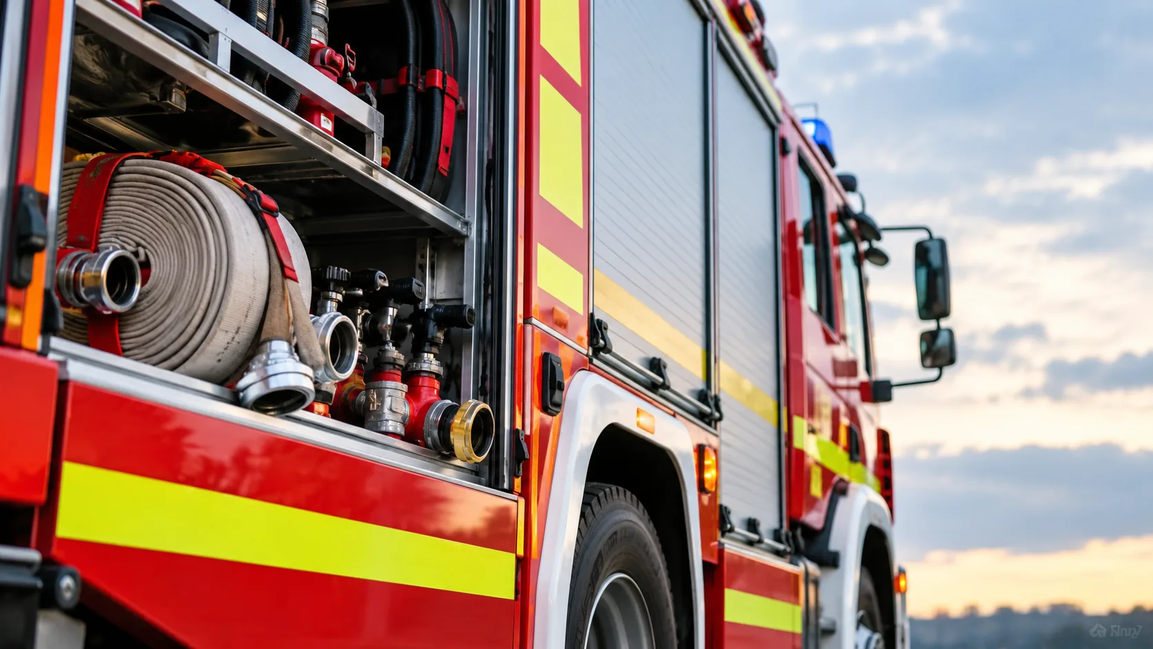 Neutrales Feuerwehrfahrzeug mit Ausrüstung auf freier Fläche ohne erkennbaren Einsatzort.