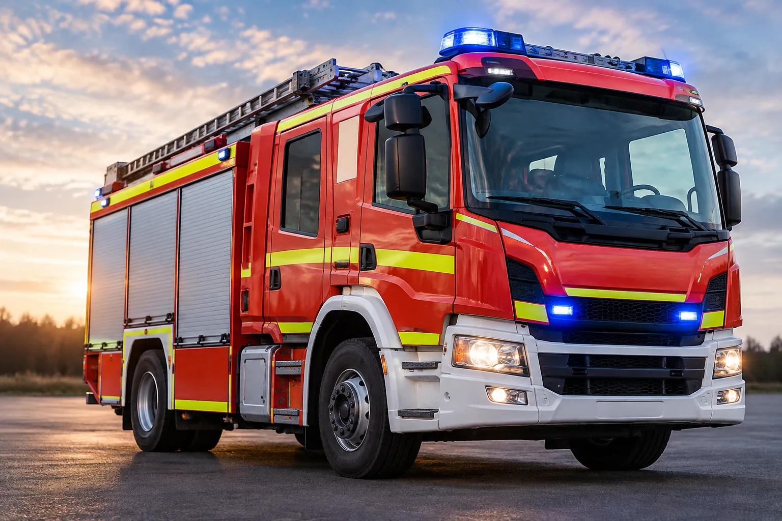 Neutrales Feuerwehrfahrzeug ohne Kennzeichen und Logos auf einer freien Fläche bei Tageslicht.