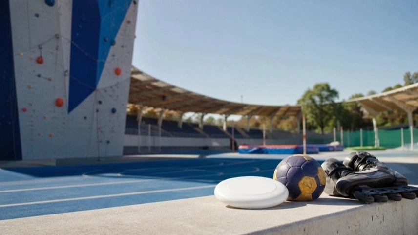 Sportflächen mit Ausrüstung wie Frisbee und Klettergriffen in urbaner Umgebung für World Games 2029 Karlsruhe