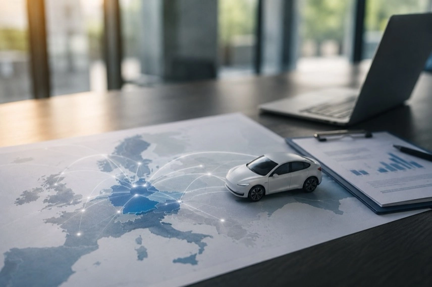 Markenloses Elektroauto in modernem Ausstellungsraum mit digitalen Elementen zu Technik und Vertrieb