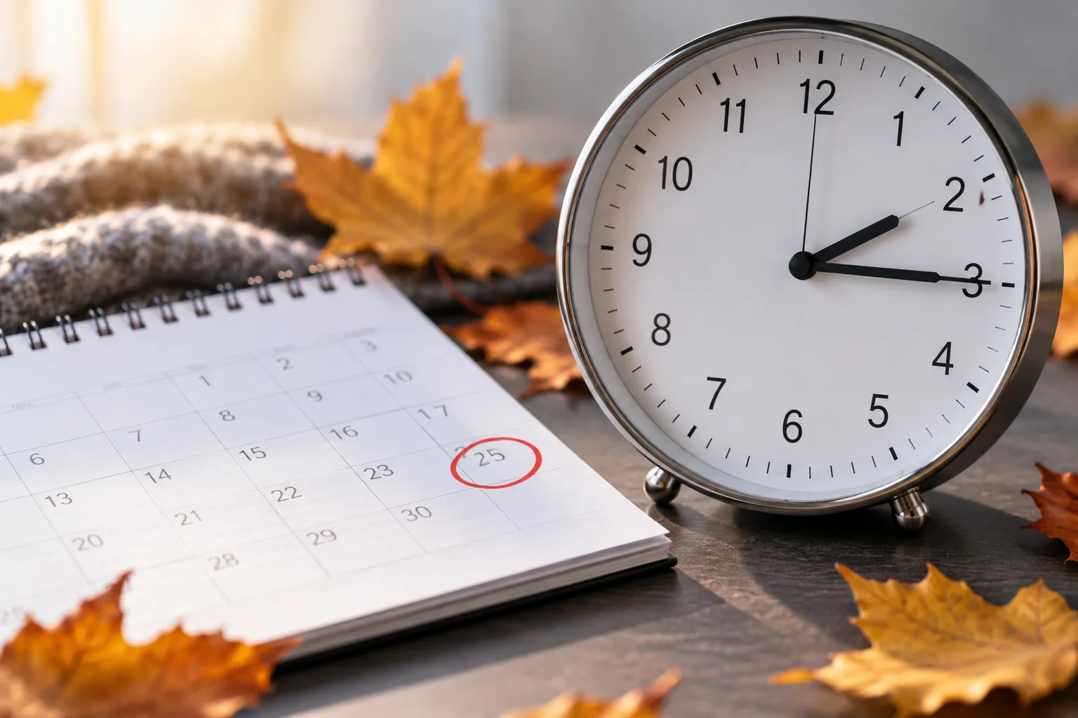 Analoge Uhr neben einem Oktober-Kalender mit markiertem 25. Oktober zur Zeitumstellung 2026.