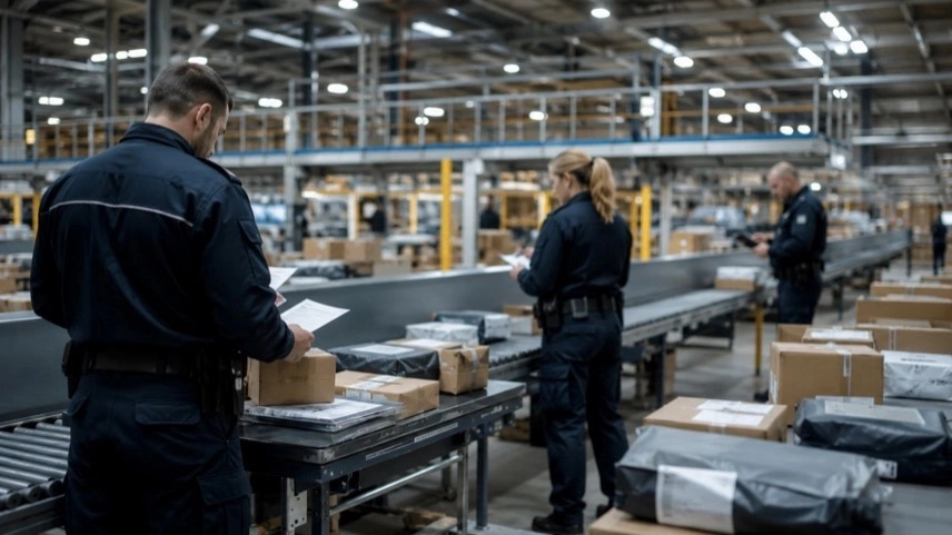 Zollkontrolle in einem Paketzentrum mit Paketförderbändern und Beschäftigten der Paketbranche bei Arbeitsprüfungen