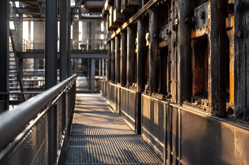 Historische Koksöfen mit Besucher-Laufsteg in einer stillgelegten Industrieanlage.