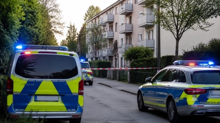 Polizeifahrzeuge vor Wohnhaus in Oberhausen-Rheinhausen bei Ermittlungen nach zwei Todesfällen im Landkreis Karlsruhe