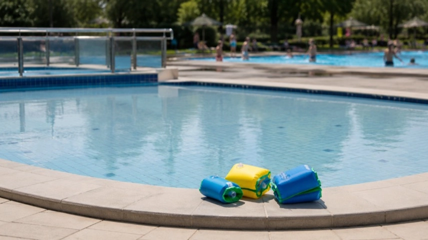 Planschbecken im Freibad mit Schwimmhilfen und Hinweis zur Aufsicht bei Kleinkindern