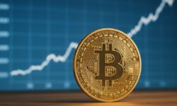 Eine physische Bitcoin-Münze vor einem Kursdiagramm symbolisiert den prognostizierten Preisanstieg bis Ende 2025. Die Preisentwicklung orientiert sich dabei an einem langfristigen mathematischen Modell. (Symbolbild – exemplarisch)