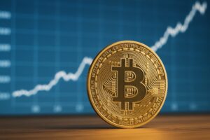 Eine physische Bitcoin-Münze vor einem Kursdiagramm symbolisiert den prognostizierten Preisanstieg bis Ende 2025. Die Preisentwicklung orientiert sich dabei an einem langfristigen mathematischen Modell. (Symbolbild – exemplarisch)