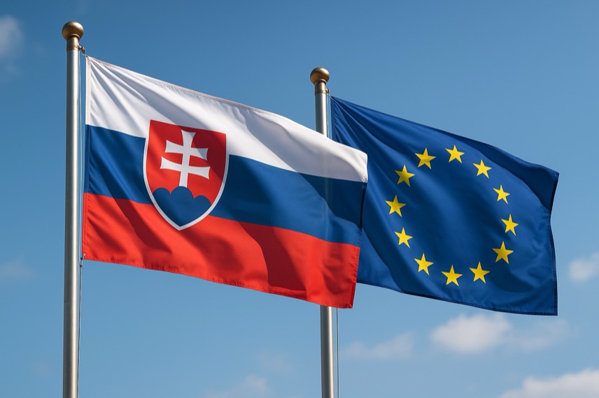 Die Flaggen der Slowakei und der Europäischen Union wehen Seite an Seite vor blauem Himmel. Symbol für die wiederhergestellte Einigkeit in der Sanktionsfrage.
