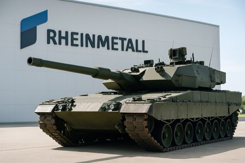 Ein moderner Kampfpanzer steht vor dem Rheinmetall-Werksgebäude bei sonnigem Wetter. Die Aufnahme symbolisiert die Rüstungsindustrie. (Symbolbild – exemplarisch)
