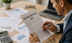 Bildunterschrift: Ein Geschäftsmann prüft konzentriert Unterlagen zur AWV-Meldepflicht 2025 an einem Schreibtisch mit Finanzdokumenten. Die Szene zeigt den bürokratischen Prozess symbolisch. (Symbolbild – exemplarisch)