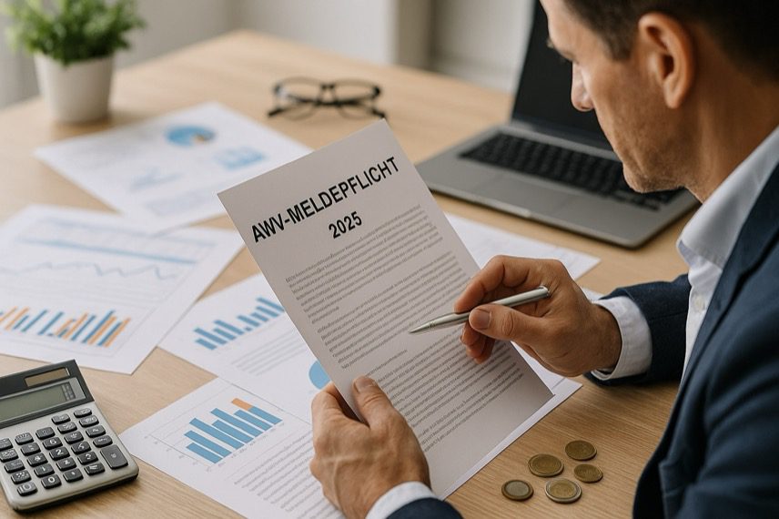 Bildunterschrift: Ein Geschäftsmann prüft konzentriert Unterlagen zur AWV-Meldepflicht 2025 an einem Schreibtisch mit Finanzdokumenten. Die Szene zeigt den bürokratischen Prozess symbolisch. (Symbolbild – exemplarisch)