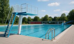 Ein sonnendurchflutetes Freibad mit Sprungturm und blauen Bahnen zeigt die Atmosphäre des Films. Die Kulisse spiegelt Sommerfeeling und Gemeinschaft. (Symbolbild – exemplarisch)
