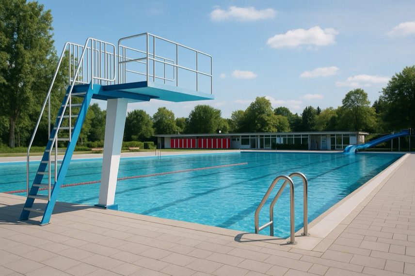 Ein sonnendurchflutetes Freibad mit Sprungturm und blauen Bahnen zeigt die Atmosphäre des Films. Die Kulisse spiegelt Sommerfeeling und Gemeinschaft. (Symbolbild – exemplarisch)