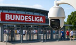 Symbolbild: Eine Überwachungskamera vor einem Bundesliga-Stadion. Das Bild ist nachgestellt und zeigt die Debatte um Sicherheit und Kontrolle.
