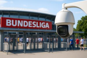 Symbolbild: Eine Überwachungskamera vor einem Bundesliga-Stadion. Das Bild ist nachgestellt und zeigt die Debatte um Sicherheit und Kontrolle.