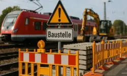 Bauarbeiten an Bahnhof mit Zug