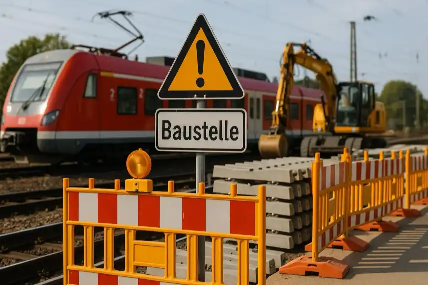 Bauarbeiten an Bahnhof mit Zug