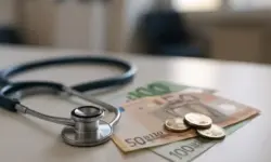 Symbolbild Facharzt-Gebühr: Stethoskop liegt auf Euro-Scheinen und Münzen, Darstellung der Diskussion um Kosten im Gesundheitssystem.