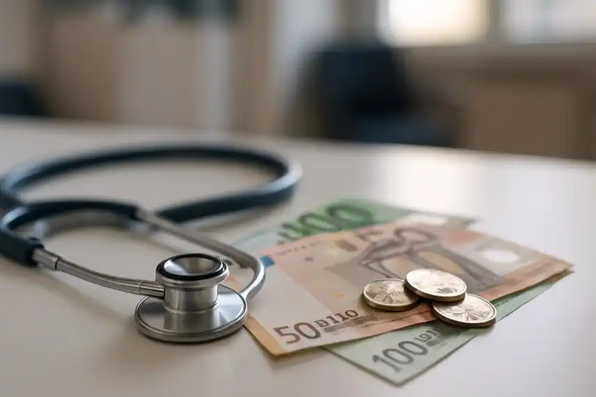 Symbolbild Facharzt-Gebühr: Stethoskop liegt auf Euro-Scheinen und Münzen, Darstellung der Diskussion um Kosten im Gesundheitssystem.