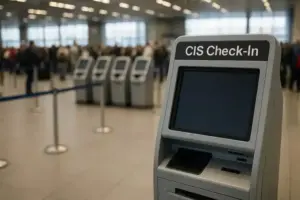 Symbolfoto Flughafen Check-in Automat ausgeschaltet – Cyber-Angriff auf Flughafensysteme betrifft auch Berlin BER mit Störungen und Verzögerungen.