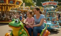 Symbolbild Dippemess Frankfurt 2025 – Kinderkarussell mit fröhlicher Familie, Nachstellung als Illustration zur Knirpse-Kirmes, fotorealistisch aufgenommen.
