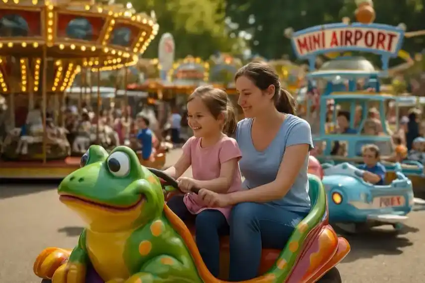 Symbolbild Dippemess Frankfurt 2025 – Kinderkarussell mit fröhlicher Familie, Nachstellung als Illustration zur Knirpse-Kirmes, fotorealistisch aufgenommen.