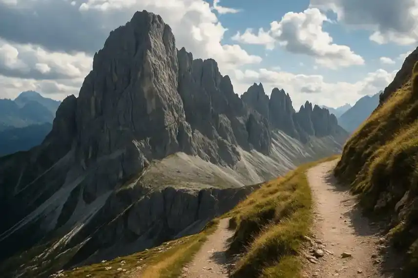 Dolomiten Symbolbild – steiler Bergpfad mit Felsen und Gipfeln, als illustrative Nachstellung zum tödlichen Absturz eines deutschen Wanderers.