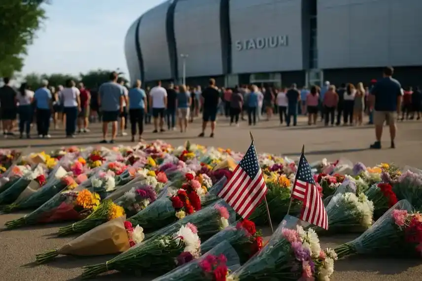 Symbolbild Trauerfeier Arizona – Blumenmeer vor Stadion, Menschen im Hintergrund, fotorealistische Nachstellung zur Erinnerung an Charlie Kirk.