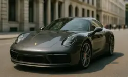 Symbolbild eines Porsche-Sportwagens in der Stadt – fotorealistische Nachstellung zur News über Porsches Rückkehr zu Verbrennungsmotoren.