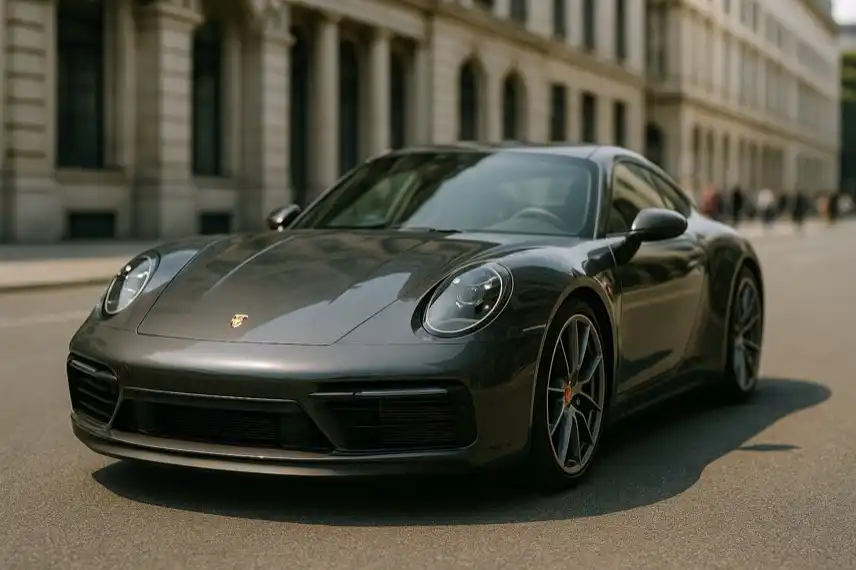 Symbolbild eines Porsche-Sportwagens in der Stadt – fotorealistische Nachstellung zur News über Porsches Rückkehr zu Verbrennungsmotoren.