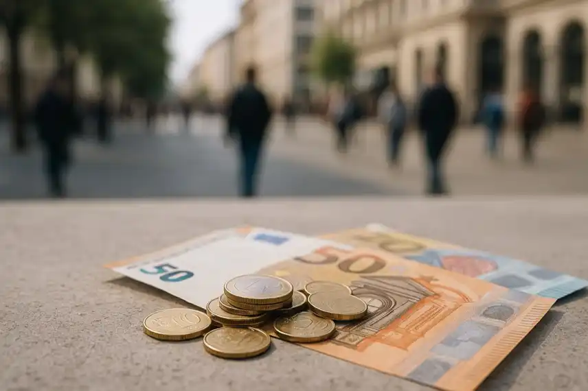 Symbolbild Witwenrente Kürzung ab Dezember 2025 – Euro-Münzen und 50-Euro-Schein als Darstellung der finanziellen Belastung durch Rentenzuschlag.
