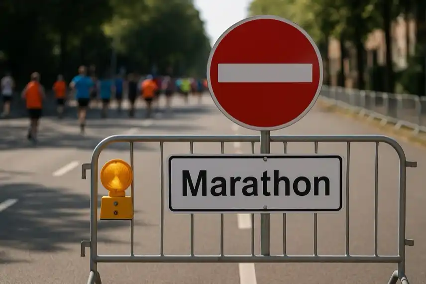 Münster-Marathon 2025 mit Straßensperre und Läufern im Hintergrund, fotorealistische Darstellung einer abgesperrten Marathon-Strecke.