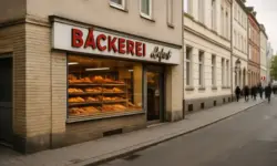 Foto einer Bäckerei in deutscher Innenstadt – Darstellung als Symbolfoto zur Insolvenz der Bäckerei Leifert mit Schaufenster voller Backwaren.