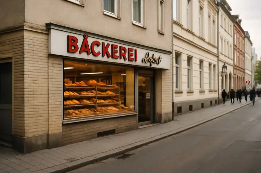 Foto einer Bäckerei in deutscher Innenstadt – Darstellung als Symbolfoto zur Insolvenz der Bäckerei Leifert mit Schaufenster voller Backwaren.