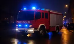 Feuerwehrfahrzeug bei Nacht mit Blaulicht, stellvertretend für den Brand in Püttlingen mit mysteriösem Leichenfund.
