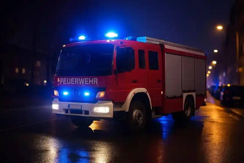 Feuerwehrfahrzeug bei Nacht mit Blaulicht, stellvertretend für den Brand in Püttlingen mit mysteriösem Leichenfund.