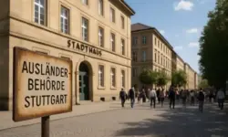 Stuttgart Ausländerbehörde – Nachstellung mit Amtsgebäude und Menschen im Hintergrund, thematisch zu Untätigkeitsklage und langen Wartezeiten.