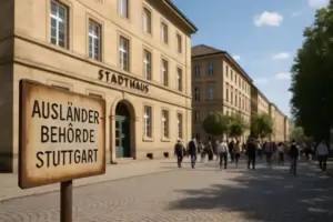 Stuttgart Ausländerbehörde – Nachstellung mit Amtsgebäude und Menschen im Hintergrund, thematisch zu Untätigkeitsklage und langen Wartezeiten.