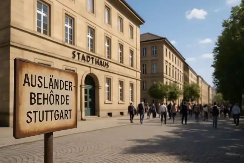 Stuttgart Ausländerbehörde – Nachstellung mit Amtsgebäude und Menschen im Hintergrund, thematisch zu Untätigkeitsklage und langen Wartezeiten.