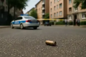 Foto einer nachgestellten Straßenszene in Ludwigshafen mit Patronenhülse, Blutspur und Polizeiauto im Hintergrund, genutzt für Newsartikel zu tödlichen Schüssen.