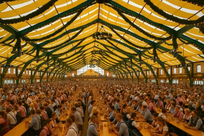 Symbolbild Oktoberfest Festzelt – Innenansicht mit langen Bänken, Menschen in Tracht und festlicher Dekoration, fotorealistische Nachstellung als illustrative Darstellung.