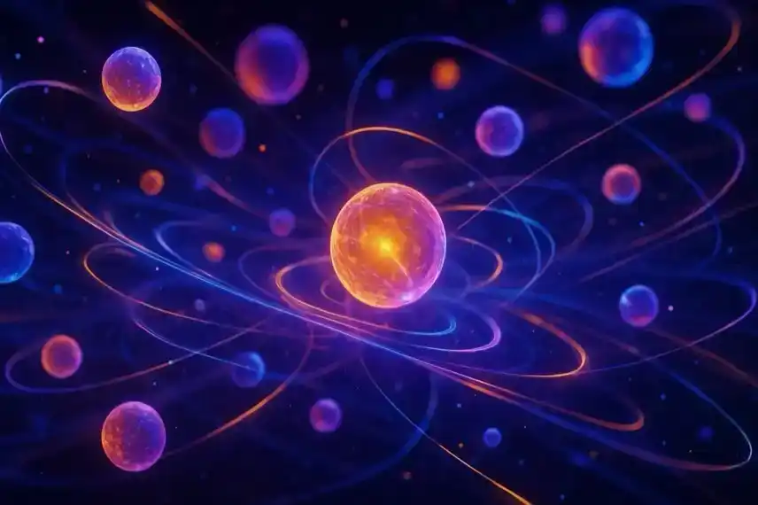 Symbolbild Quantencomputer: futuristische Visualisierung von Quanten und Nanopartikeln, abstrakte Darstellung für technologische Entwicklungen.