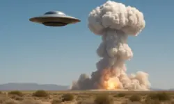 Fotorealistisches Bild eines UFOs über einem Atombombentest mit Pilzwolke, Nachstellung zur Illustration eines Newsartikels über UFOs und Atomtests.