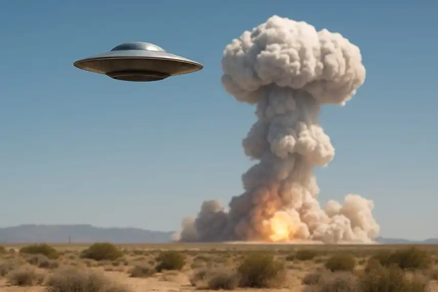 Fotorealistisches Bild eines UFOs über einem Atombombentest mit Pilzwolke, Nachstellung zur Illustration eines Newsartikels über UFOs und Atomtests.